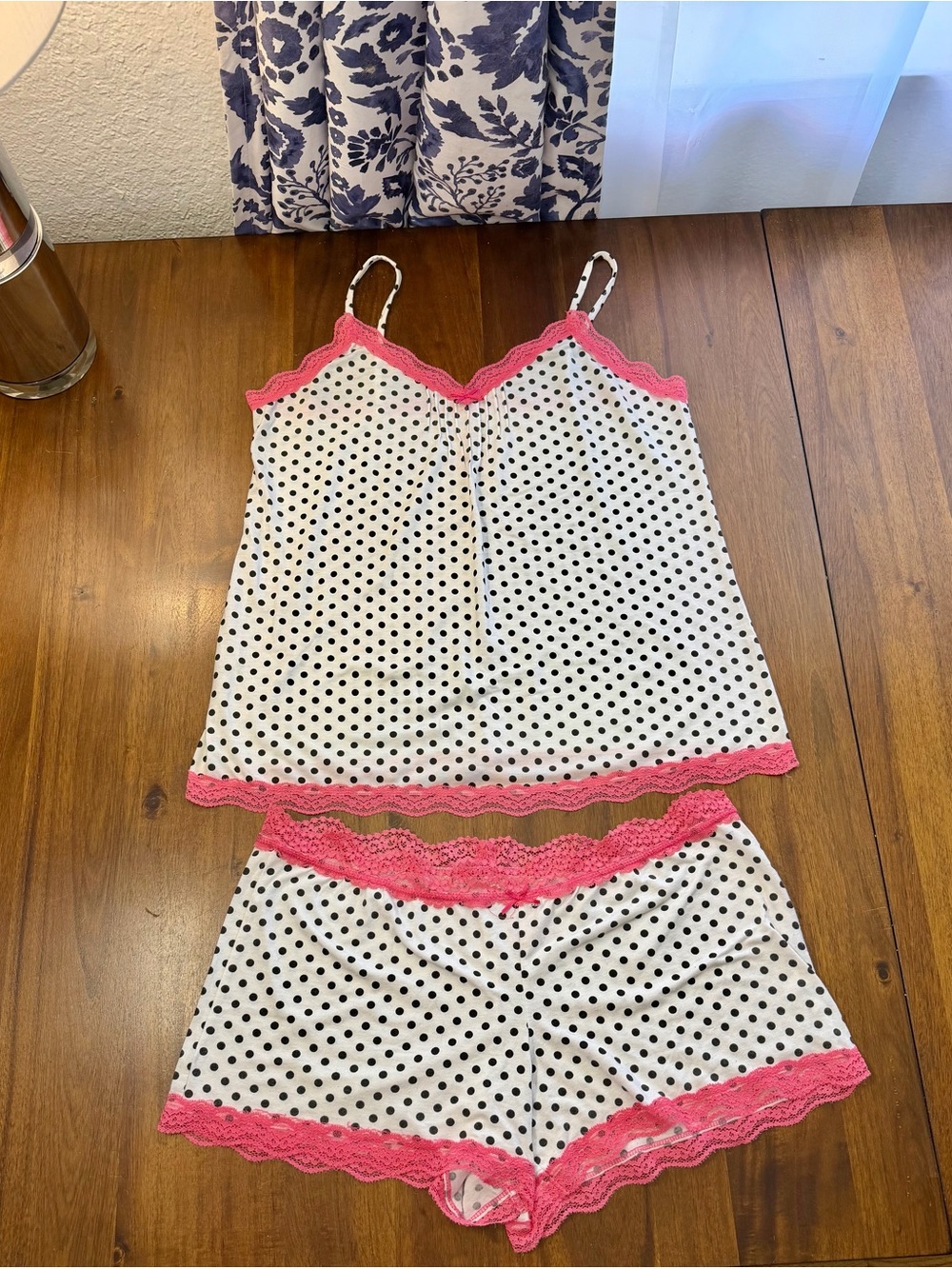 Xhilaration White Polka Dot Cami & Short Sleep Set with Pink Lace